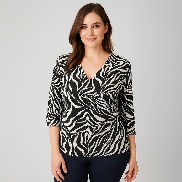 Peck & Peck Black White Ruched V-Neck Top | Slip-On Style | Approx Sz M - Picture 1 of 11